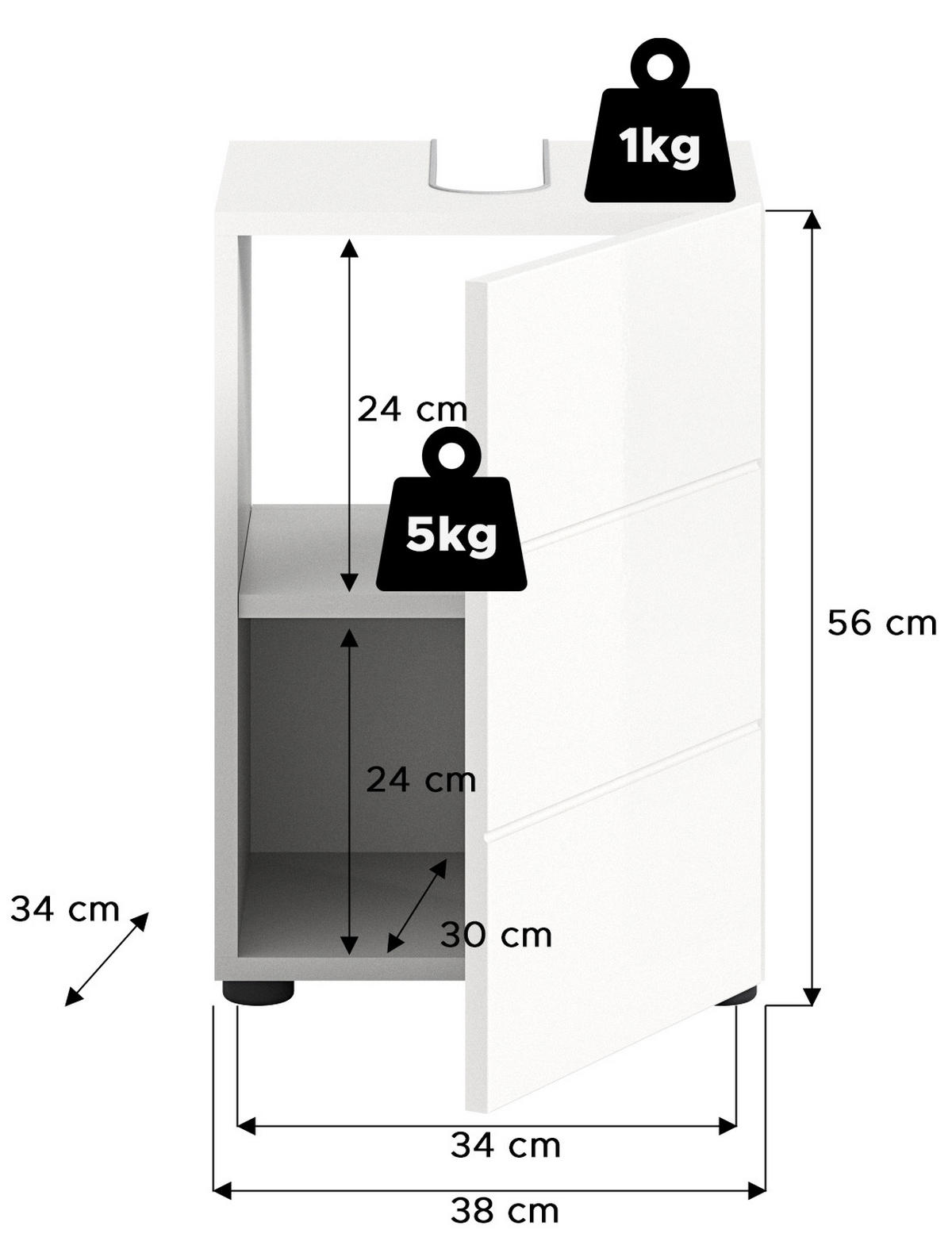 WASCHBECKENUNTERSCHRANK Vira Bad in weiß Melamin und weiß hochglanz B/H/T: 38x56x34 cm - Weiß, Holz (38/56/34cm)