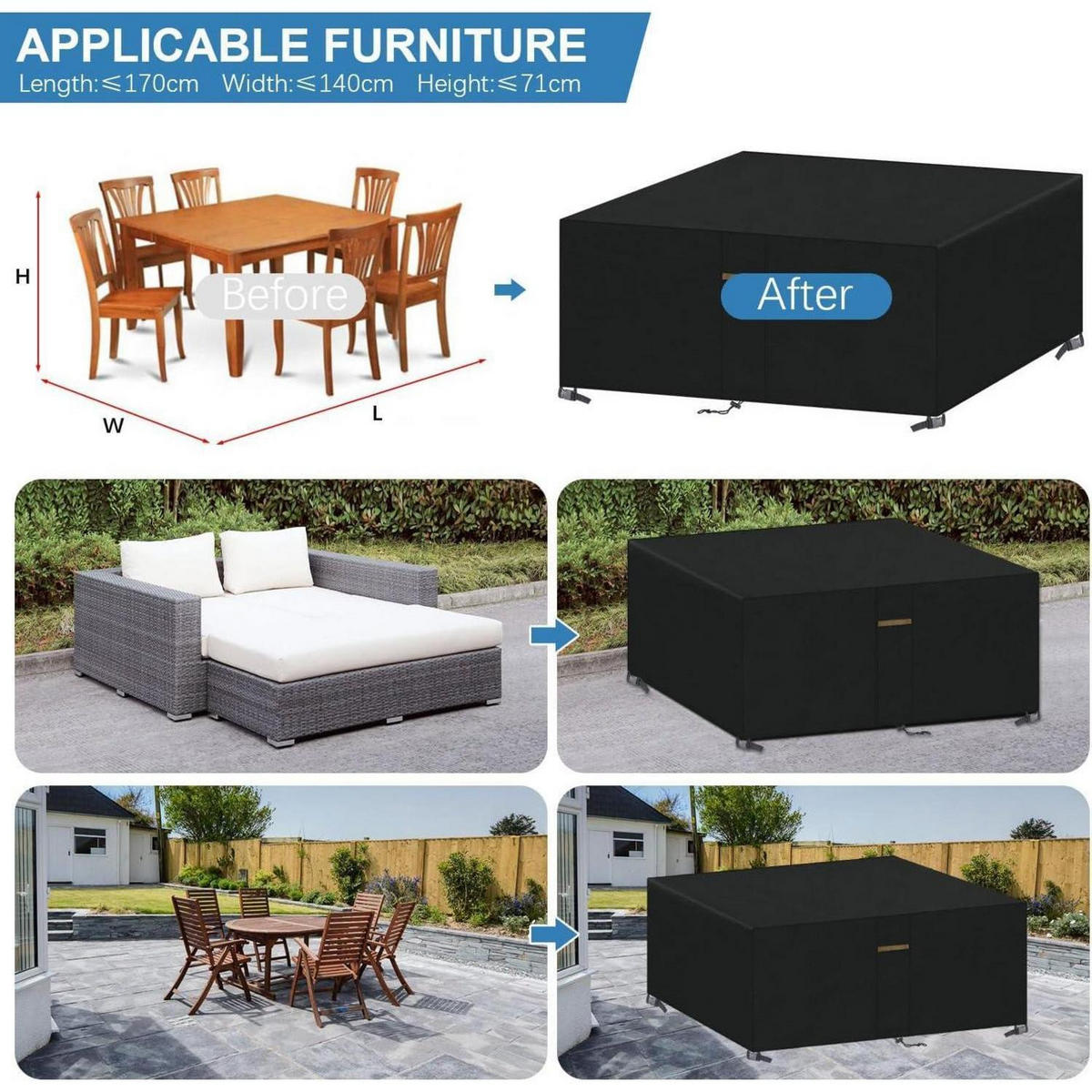 ABDECKUNG Gartenmöbel Rechteckig 170 x 140 x 71 cm - Schwarz, Kunststoff (1/1/1cm)