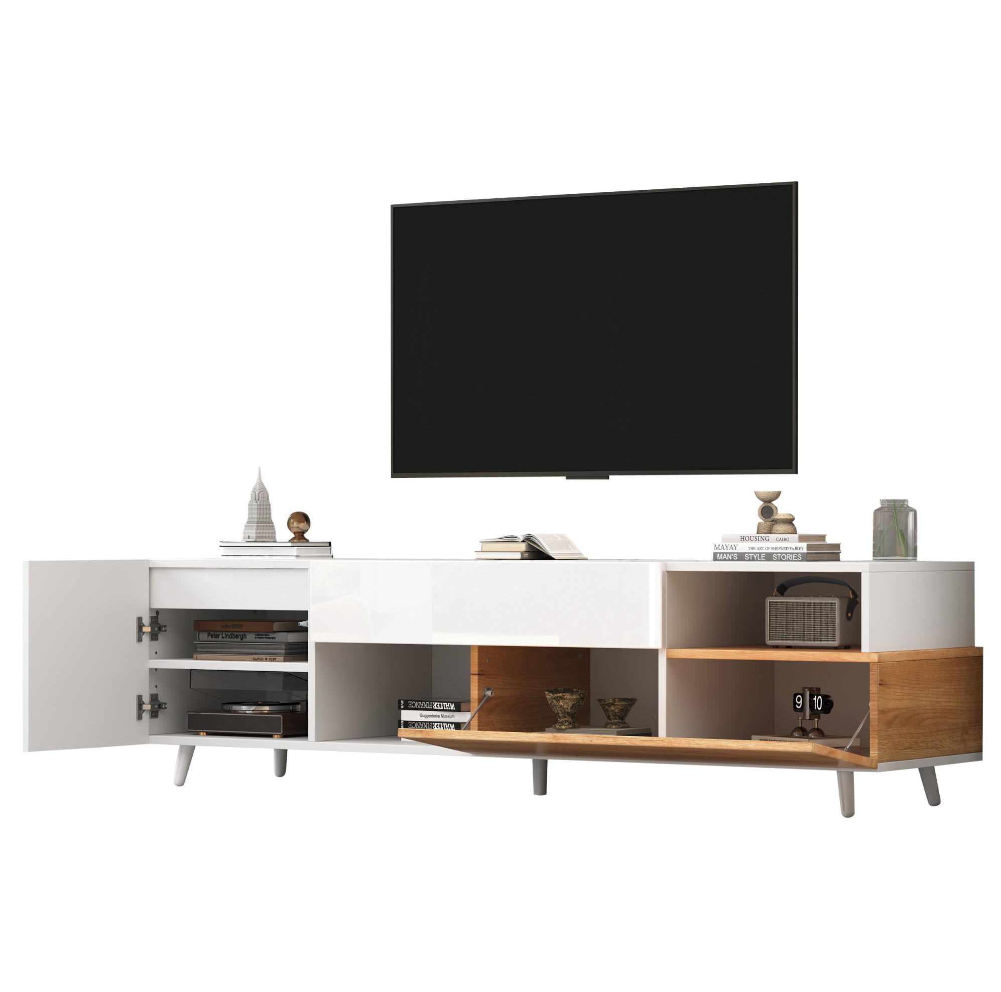 TV-LOWBOARD 180/38/50 cm mit Hochglanzfront, Klapptür, Schublade und 7 Fächern, Weiß/Natur - Hellbraun, Holzwerkstoff (180/50/38cm) - Redom