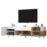 TV stolek 180/38/50 cm s vysokým leskem, zásuvkou a více úložnými prostory, Bílá/přírodní - světle hnědá, kompozitní dřevo (180/50/38cm) - Redom