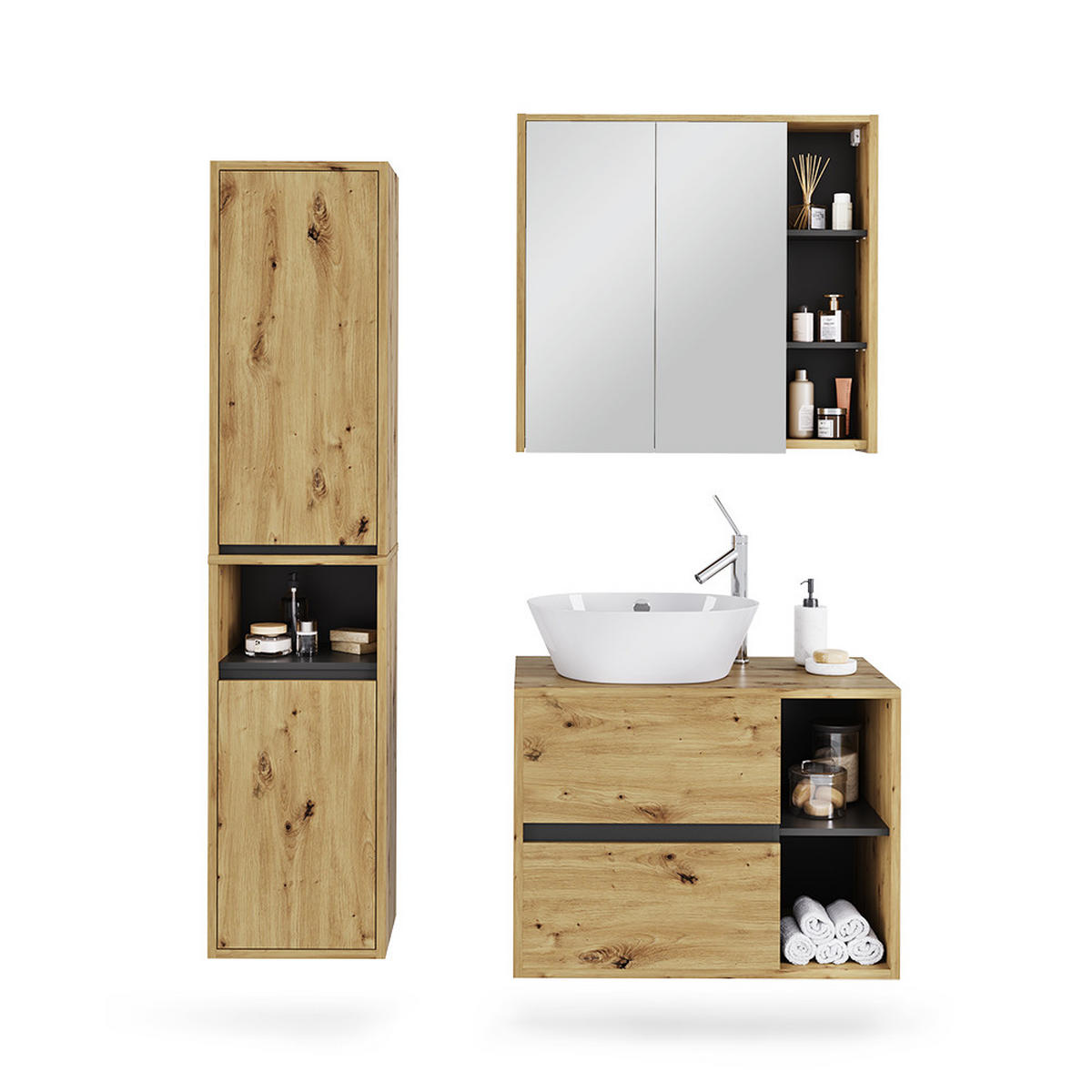 SADA KOUPELNOVÉHO NÁBYTKU Viola Artisan/šedá - šedá/světle šedá, kompozitní dřevo (80/60/46cm) - Vicco