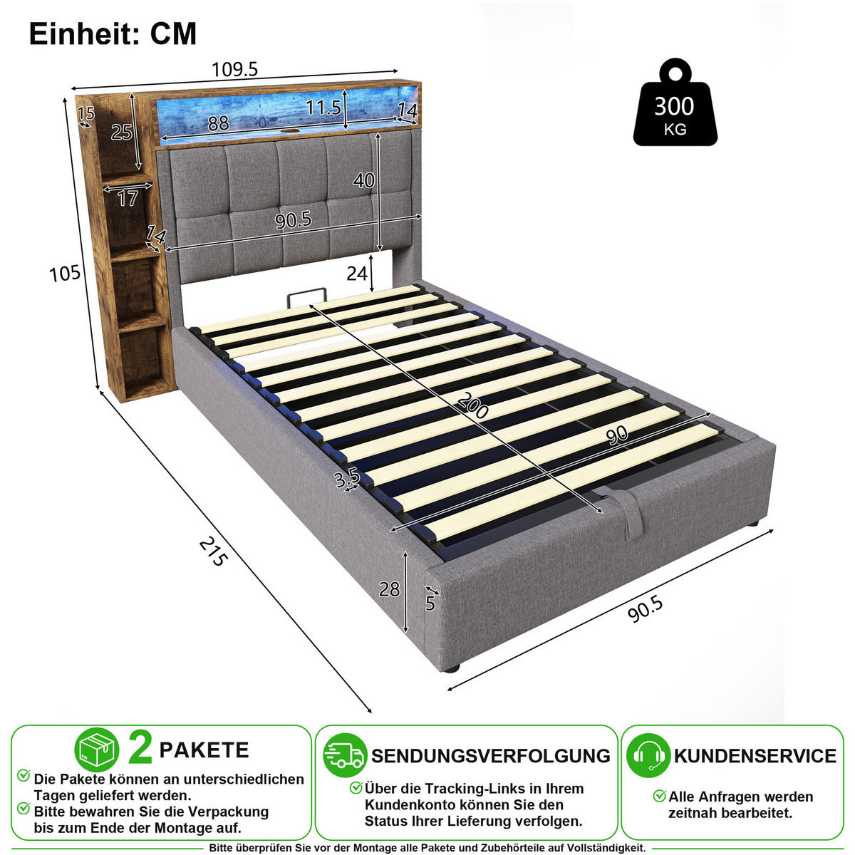 ČALOUNĚNÁ POSTEL 90/200 cm v šedé barvě s úložným prostorem, LED a USB-C - šedá, kov/kompozitní dřevo (90/200cm) - CHICFURN