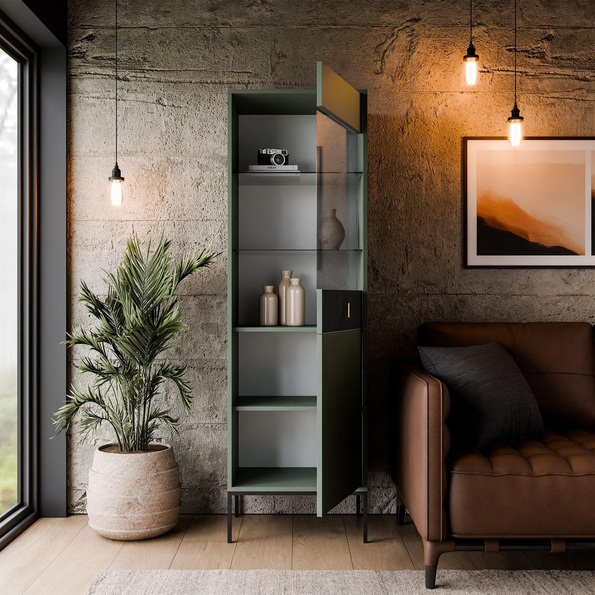 VITRINE MIDNIGHT mit Glastür auf Gestell grün - Schwarz/Grün, Holzwerkstoff (54/175/39cm) - Lookway