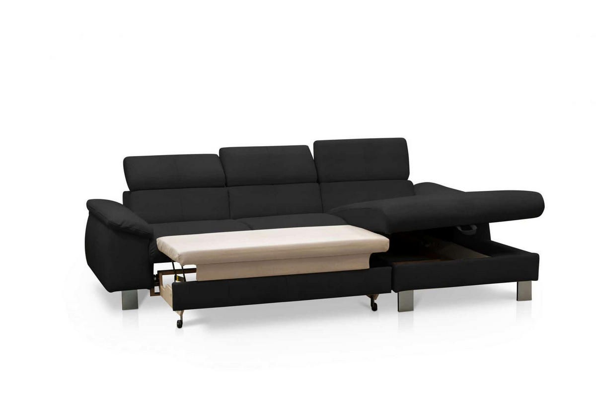 ECKSCHLAFSOFA mit Echtlederbezug, Schlaffunktion & Bettkasten - Chromfarben/Schwarz, Leder/Holz (166/244cm) - Cotta