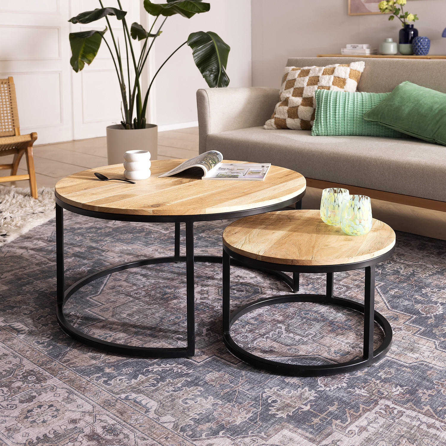 COUCHTISCH-SET - 2-teilig - Schwarz/Akaziefarben, Holz (80/80/42cm) - home24