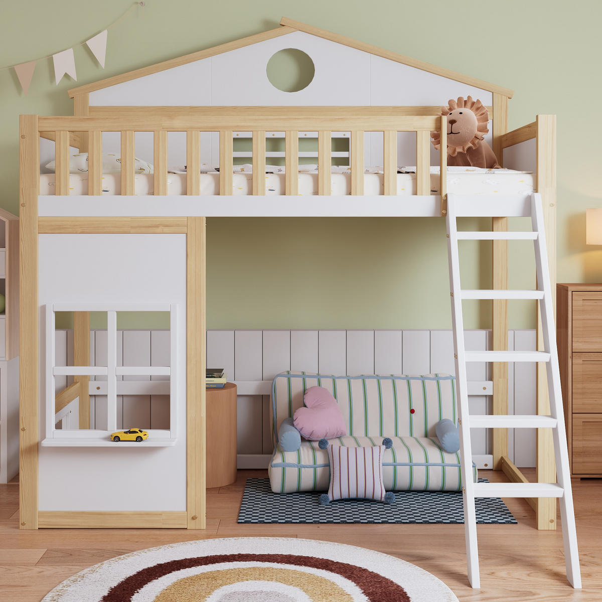 ETAGENBETT 90/200 cm weiß und natur aus Massivholz mit Treppe - Weiß, Holz (90/200cm) - OKWISH