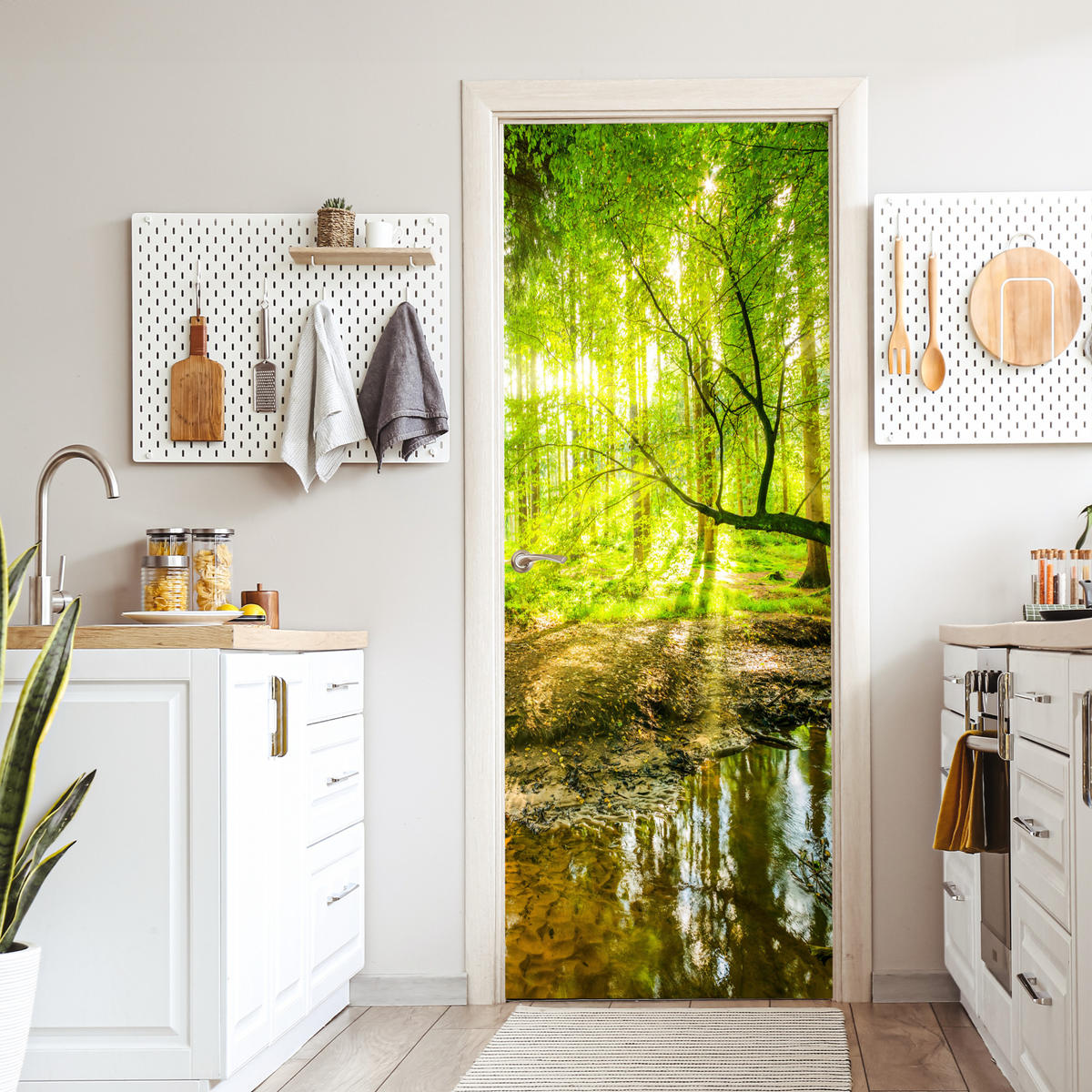 TÜRAUFKLEBER Wald - Landschaft - Wasser - Bäume - Sonne - Grün - Natur 80x215 cm - Türtapete - Hellgrün, Kunststoff (80/0.1cm) - MuchoWow