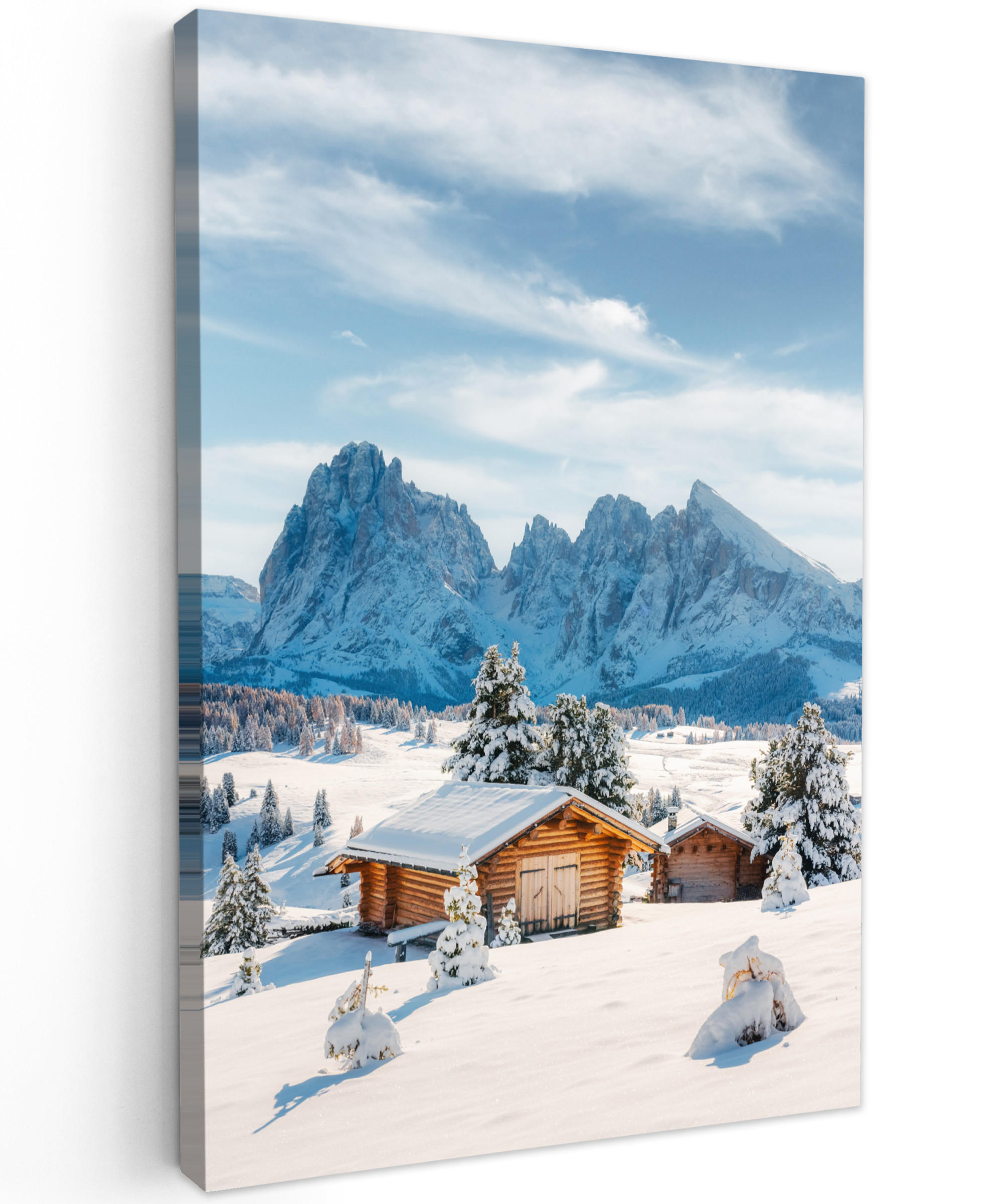 LEINWANDBILD Winter - Hütte - Berge - Aussicht - Schnee 60x90 cm - Eichefarben, Textil (60/90cm) - MuchoWow