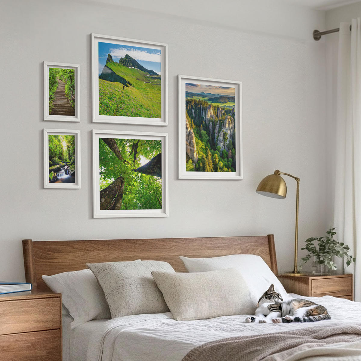 BILDER SET 5er Set - 50x50 cm & 20x30 cm & 40x60 cm Weißer Rahmen - Grüne Berge Wasserfallwald - Weiß, Kunststoff (40/60cm) - TULUP