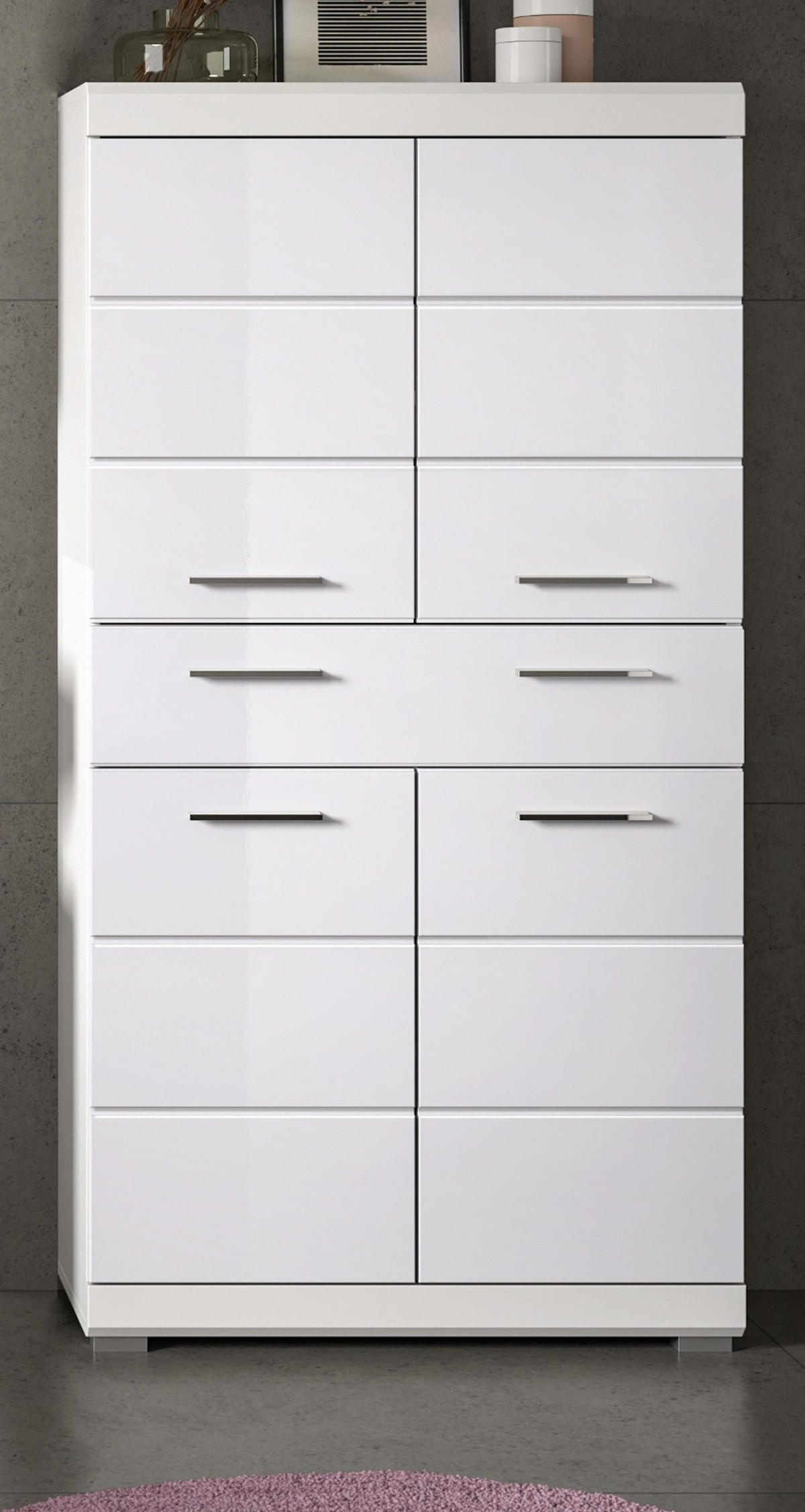 MIDISCHRANK weiß Hochglanz 74 x 141 cm, Badschrank 4-türig - Weiß Hochglanz/Silberfarben, Holzwerkstoff/Kunststoff (74/141/31cm) - Inn.Furn