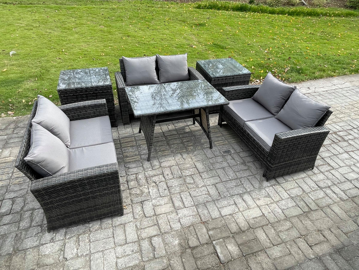 GARTENMÖBELSET mit ESSTISCH,HOCHLEHNER-SOFA Polyrattan Dunkelgrauer Mix 6-Sitzer - Dunkelgrau/Grau, Glas/Kunststoff - Fimous
