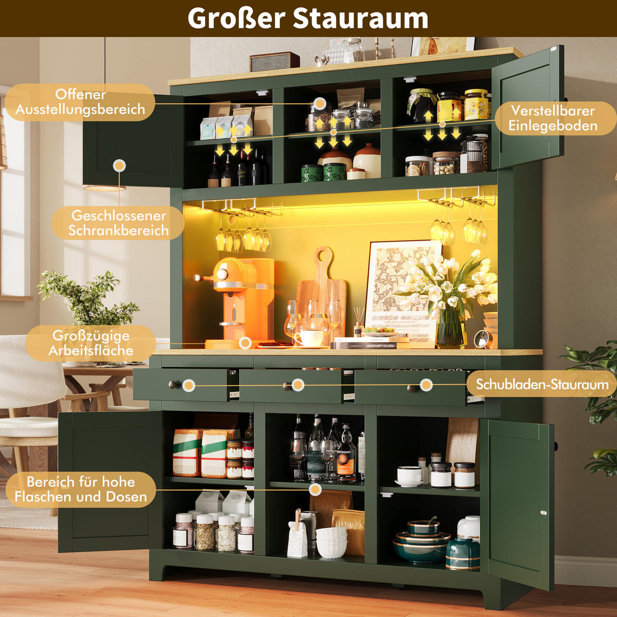 BUFFETSCHRANK Rattanoptik Antikgrün 120/40/180 cm - Salbeigrün, Holz (120/180/40cm) - PANGIVO