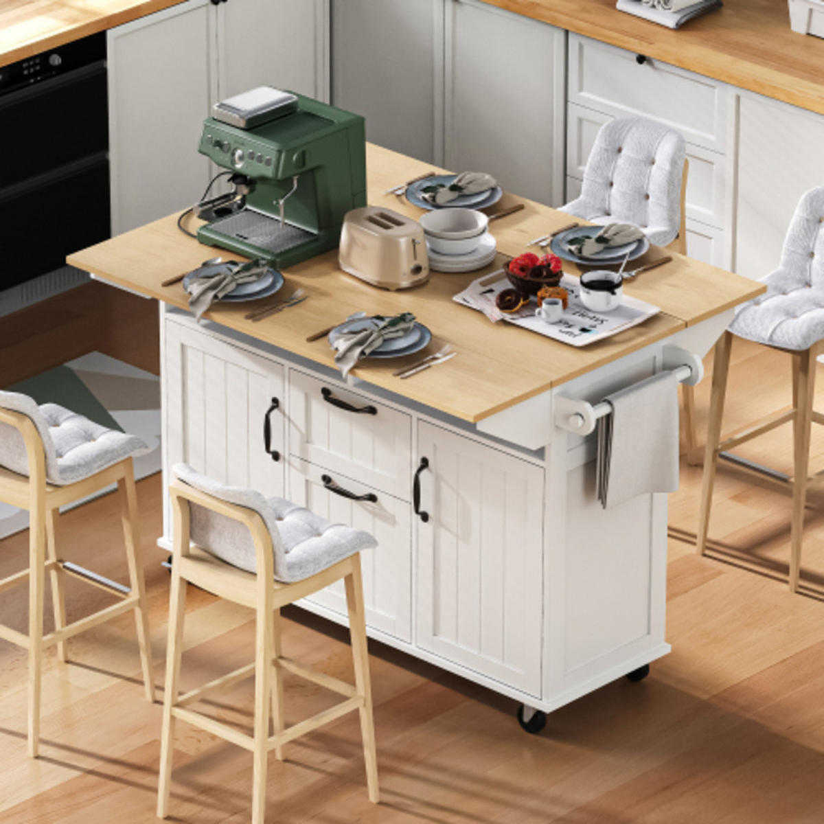 KÜCHENINSEL mit beidseitig klappbarer Arbeitsplatte weiß-natur 120×40-80×92 cm aus MDF - Weiß, Holzwerkstoff (120/92/80cm) - Luhomfu