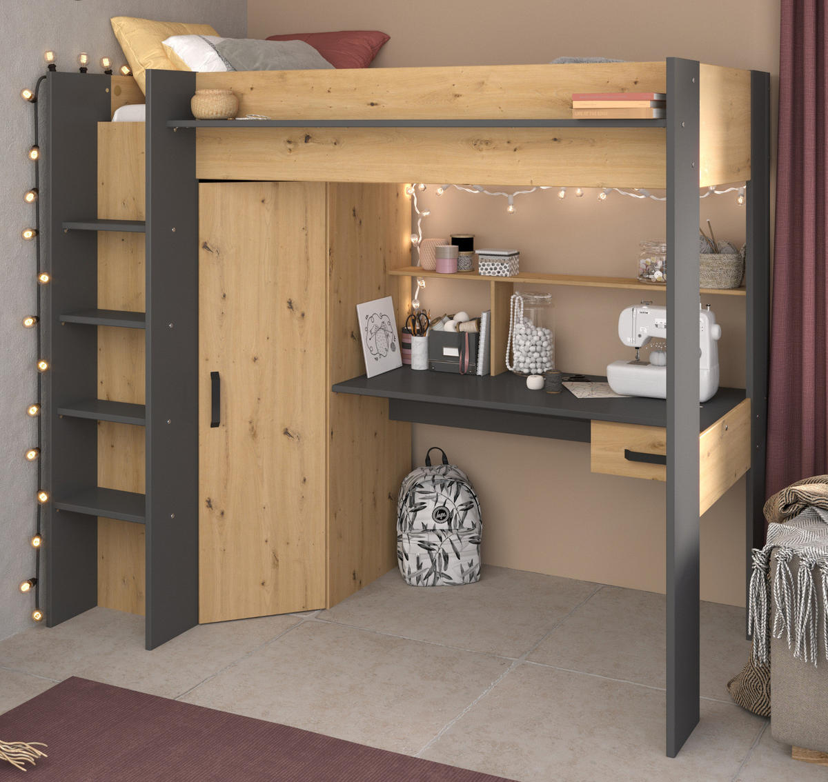 HOCHBETT mit Schreibtisch und Kleiderschrank Bett 90 x 200 cm - Eichefarben/Dunkelgrau, Holzwerkstoff/Kunststoff (90/200cm) - Parisot Meuble