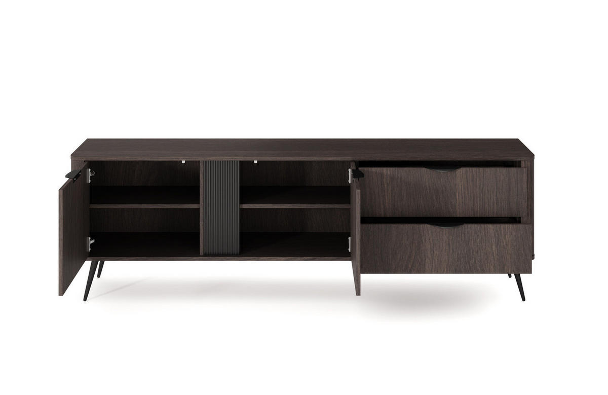 TV-LOWBOARD Terzo 2D 2S Eiche Dunin mit Rillendekor - Schwarz Metallfüße - Eichefarben/Schwarz, Holz/Holzwerkstoff (195/61/38cm) - Ravio