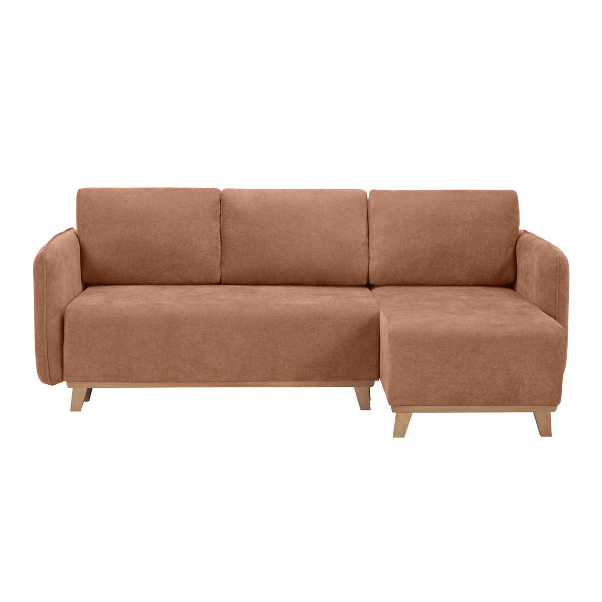 SCHLAF-ECKSOFA Terracottafarbener Stoff Velours-Effekt Helles Holz 3-4 Sitzer ROMANE - Terracotta, Textil (148/231cm) - Miliboo