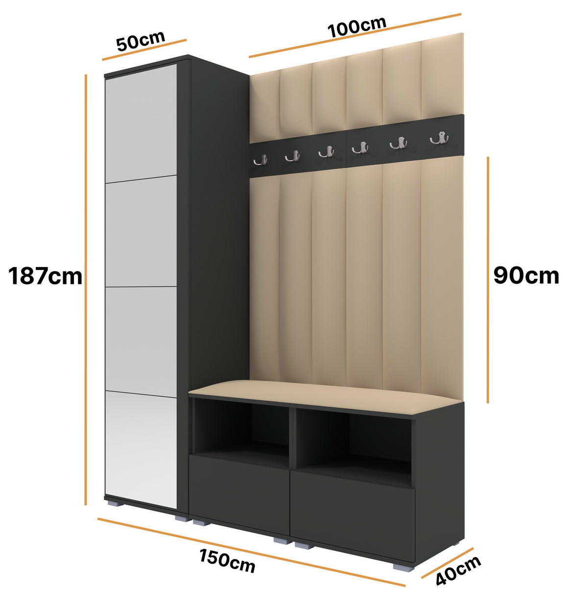 GEPOLSTERT Garderoben-Set Nela II LUX (Spiegel – Farbe Graphit + Stoff Trinity 04) - Beige/Silberfarben, Holz/Holzwerkstoff (150/187/40cm) - Ravio