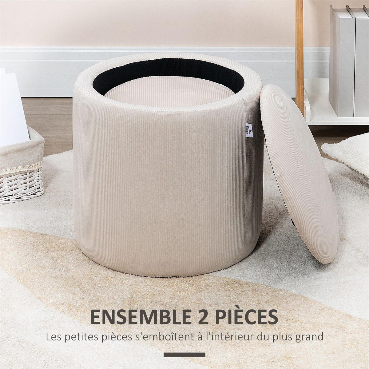 POUF 2er-Set DE-16377 mit Stauraum und Rippenvelours Creme - Creme, Textil (40/41/40cm) - ComfortXL