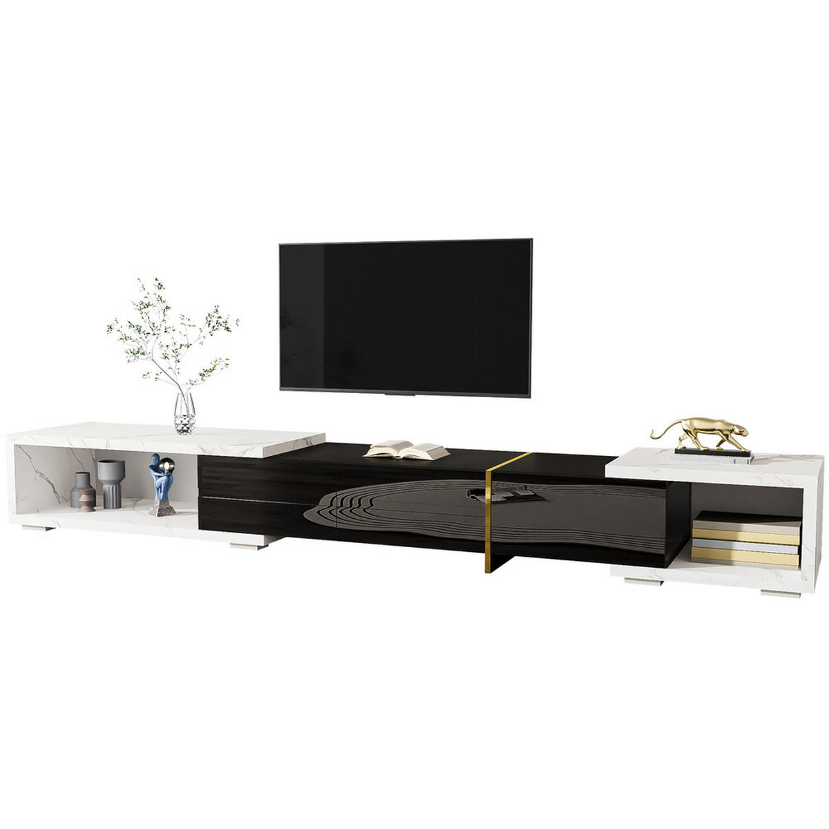 TV-SCHRANK Modern variable Länge 140-260cm drehbar Weiß-Schwarz Marmoroptik - Weiß, Holz (51.4/30.5/62.2cm) - FLIEKS