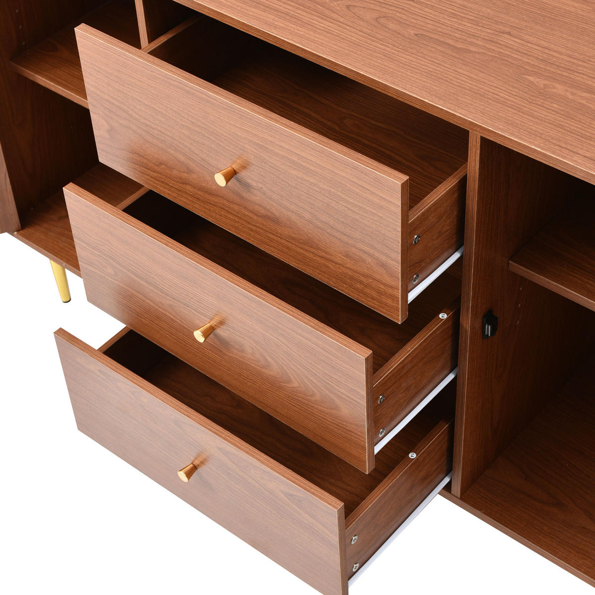 KOMMODE mit 2 Türen, 3 Schubladen, Rattan-Optik und verstellbaren Einlegeböden, 150 x 40 x 90 cm, Walnuss, Holz und Metall - Walnussfarben, Holzwerkstoff (150/90/40cm) - SONNENH