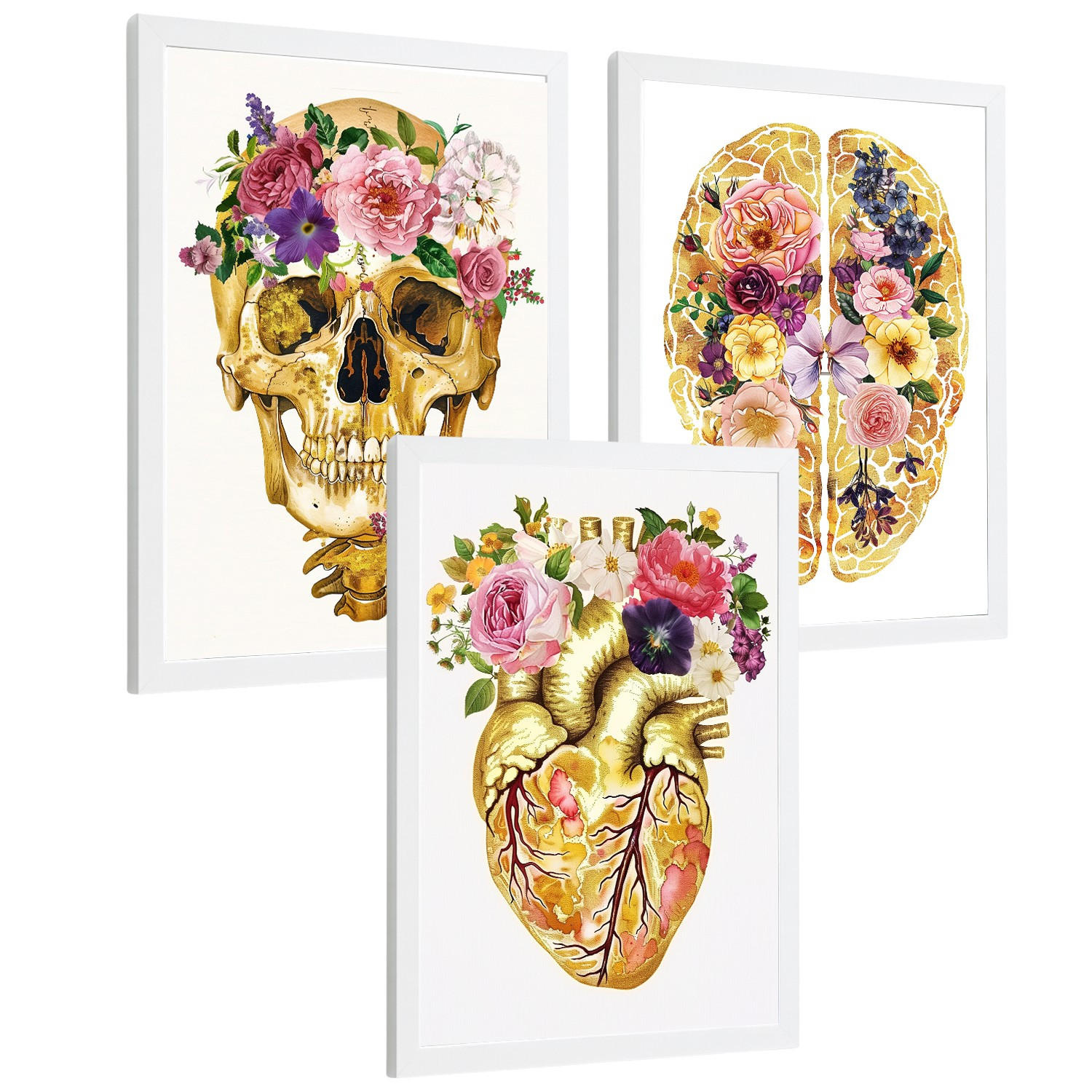 POSTER Set aus 3 Anatomie Mensch Drucke und Wandbilder mit Schädel Gehirn und Herz Goldene Florale Künstlerische Illustration Größe Weißer Rahmen A4 - Weiß, Papier (21/29.7/3cm) - Nacnic
