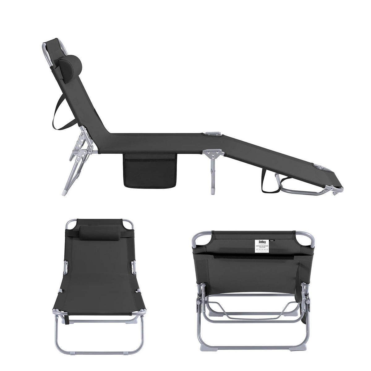 GARTENLIEGE 2er-Set Schwarz mit Tasche & Kopfkissen - Schwarz, Textil/Metall (195/58cm) - Kaket