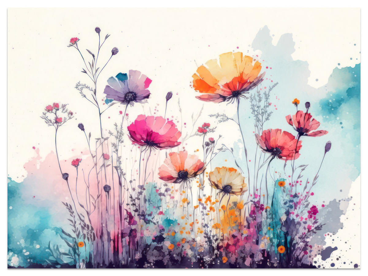 FOTOTAPETE für Schlafzimmer Abstrakte Bunte Wiesenblumen Aquarell 250x175 - Türkis/Rot, Papier (250/175cm) - Muralo