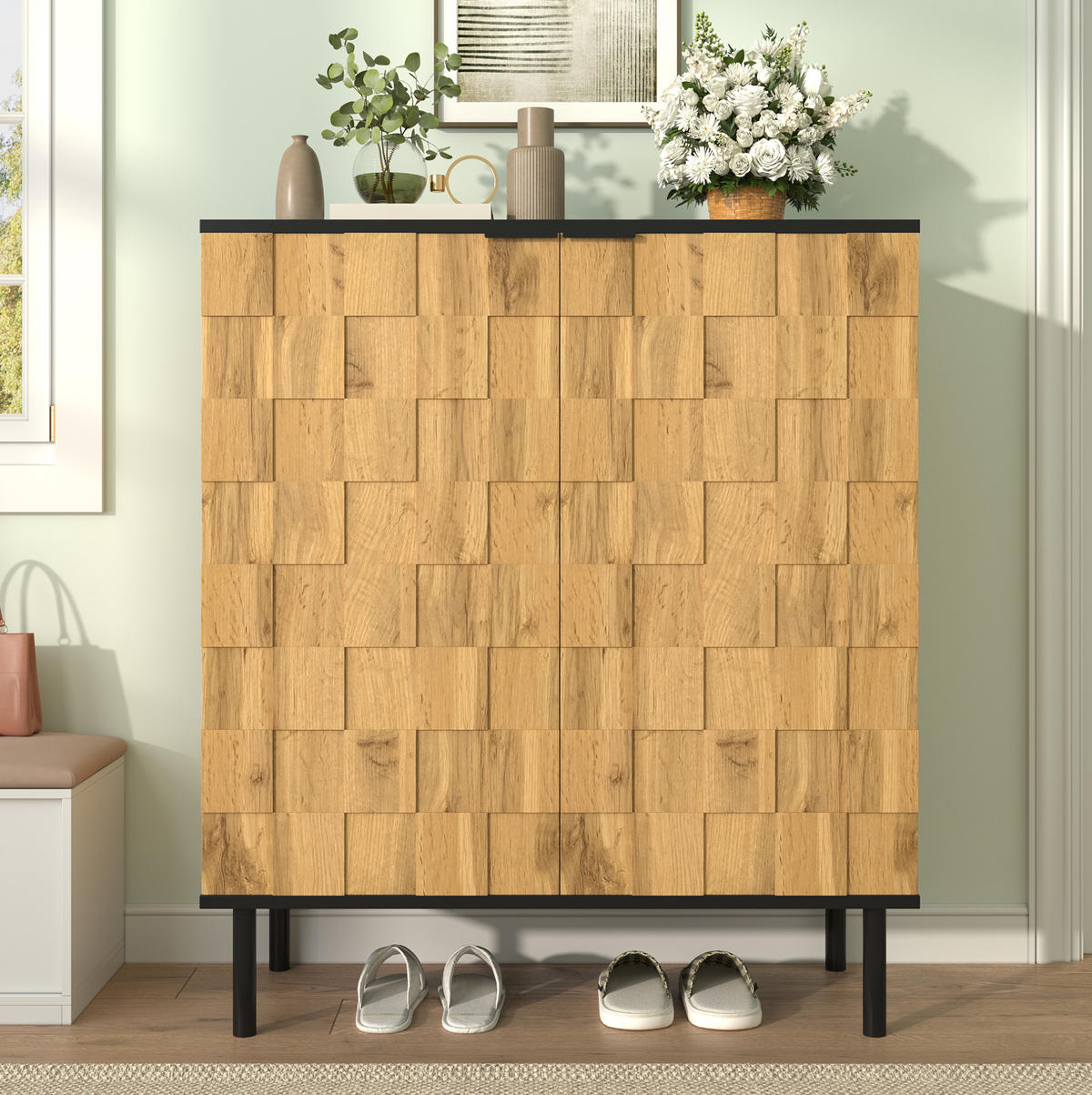 SCHUHSCHRANK 80/35/91,5 cm natur aus Spanplatte mit Mosaikfront - Naturfarben, Holzwerkstoff (80/91/35cm) - OKWISH