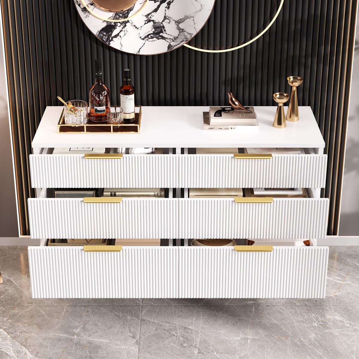 KOMMODE 6 Schubladen Holzoptik Füße Stauraum Vielseitig - Weiß, Holzwerkstoff (40/76.5/120cm) - FLIEKS