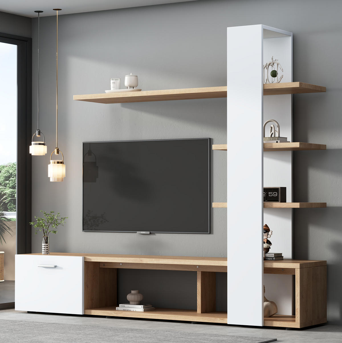 TV-WOHNWAND 180/33,5/151,5 cm aus Spanplatte mit 5 offenen Fächern Weiß/Eichefarben - Weiß, Holzwerkstoff (180/151.5/33.5cm) - Modenvie