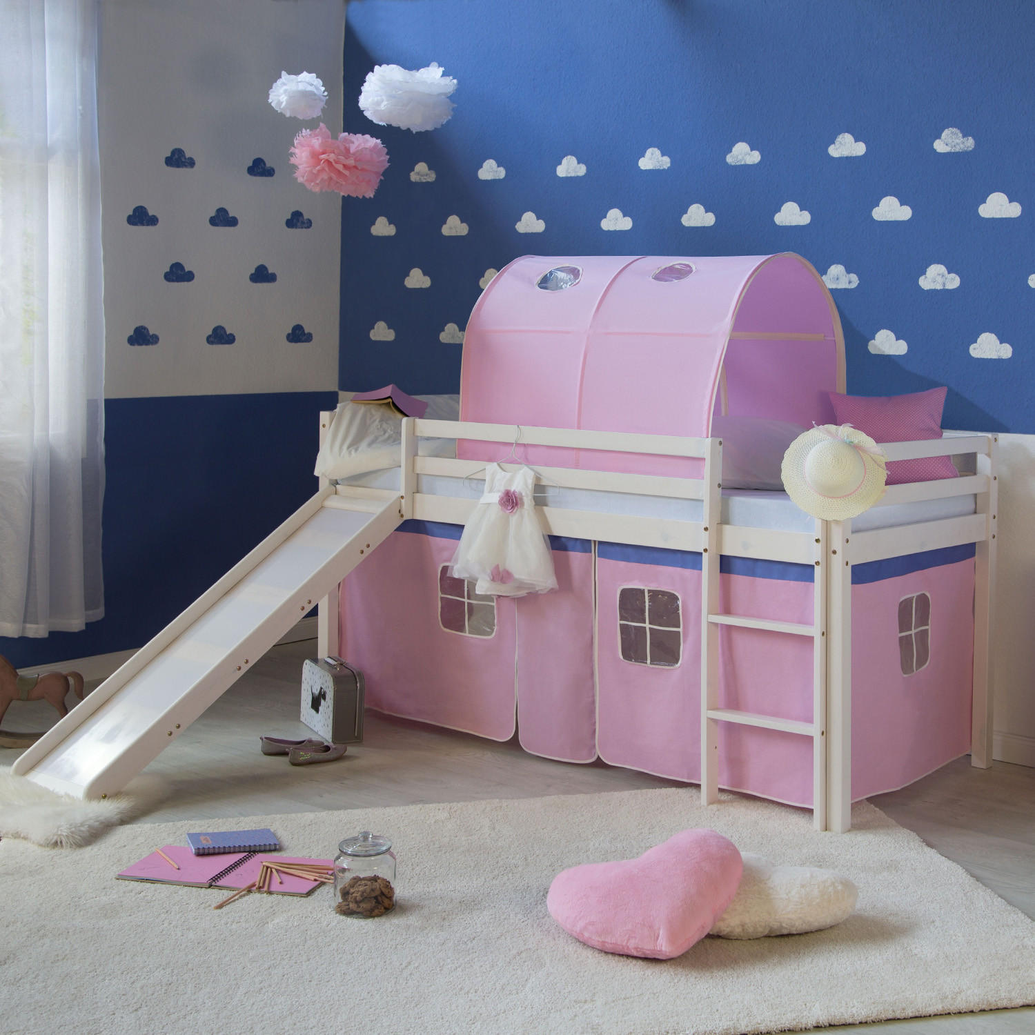 HOCHBETT 90/200 in Rosa mit Lattenrost + Matratze - Weiß/Rosa, Holz (90/200cm) - Homestyle4u