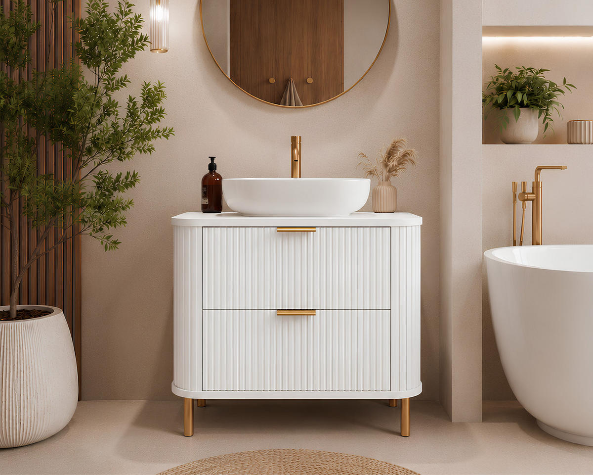 BADEZIMMERSCHRANK : Farbe Weiß, Griff gold, Füße gold, 80 x 41,5 x 66,7 cm - Goldfarben/Weiß, Holzwerkstoff (80/66.7/41.5cm) - 3XE LIVING