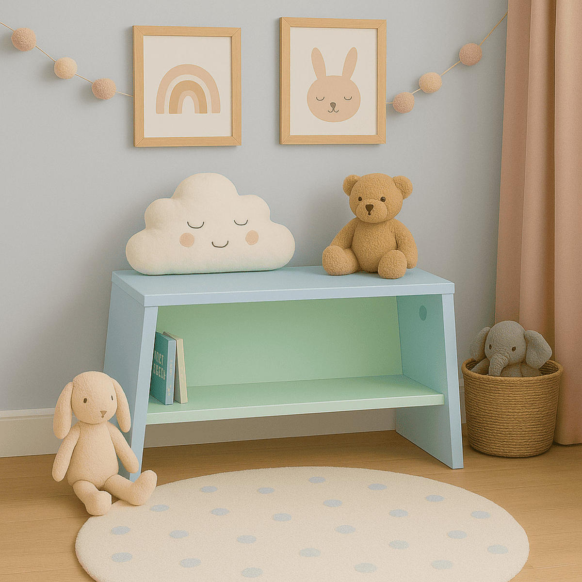 KINDERHOCKER mit Ablage - L46 cm - Tuli - Hellblau, Holzwerkstoff (25/30.5/46cm) - Calicosy