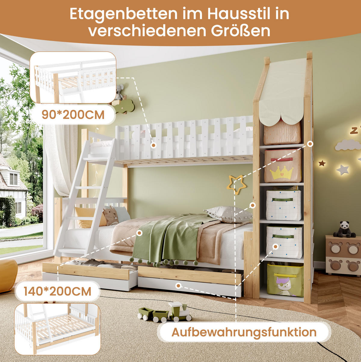 ETAGENBETT 90/200 cm + 140/200 cm weiß mit zwei Schubladen und Hausdach - Weiß, Holz (90/200cm) - OKWISH