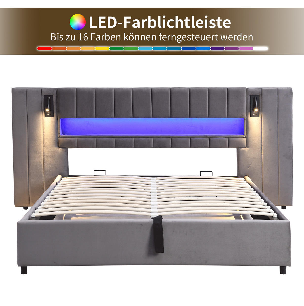 ČALÚNENÁ posteľ zo zamatu 180x200 cm sivá s USB portami, LED osvetlením a úložným priestorom - sivá, textil (180/200cm) - Modfu