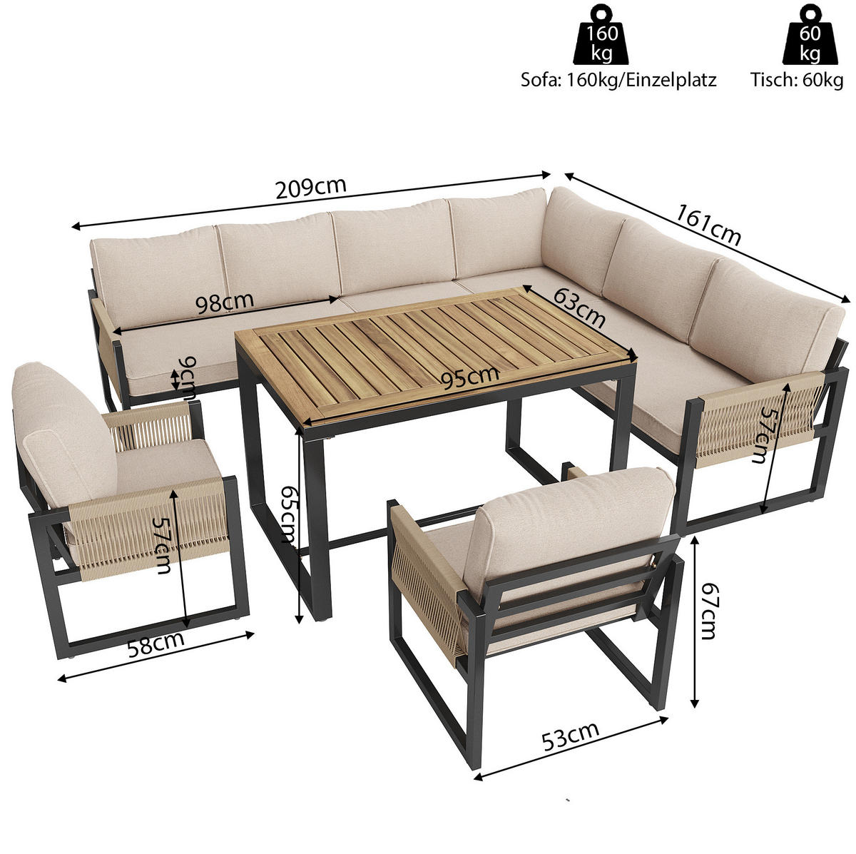 ZAHRADNÍ jídelní set z kovu a polyesteru 95x63x65 cm béžový modulární s polstry 8 cm a ručně tkanými lany - béžová, kov - Modfu