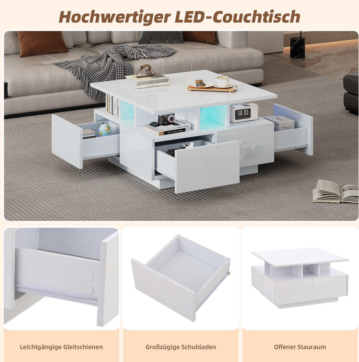 COUCHTISCH aus Spanplatte 70x70x40 cm in Weiß mit LED & 4 Schubladen - Weiß, Holzwerkstoff (70/70/40cm) - Modfu