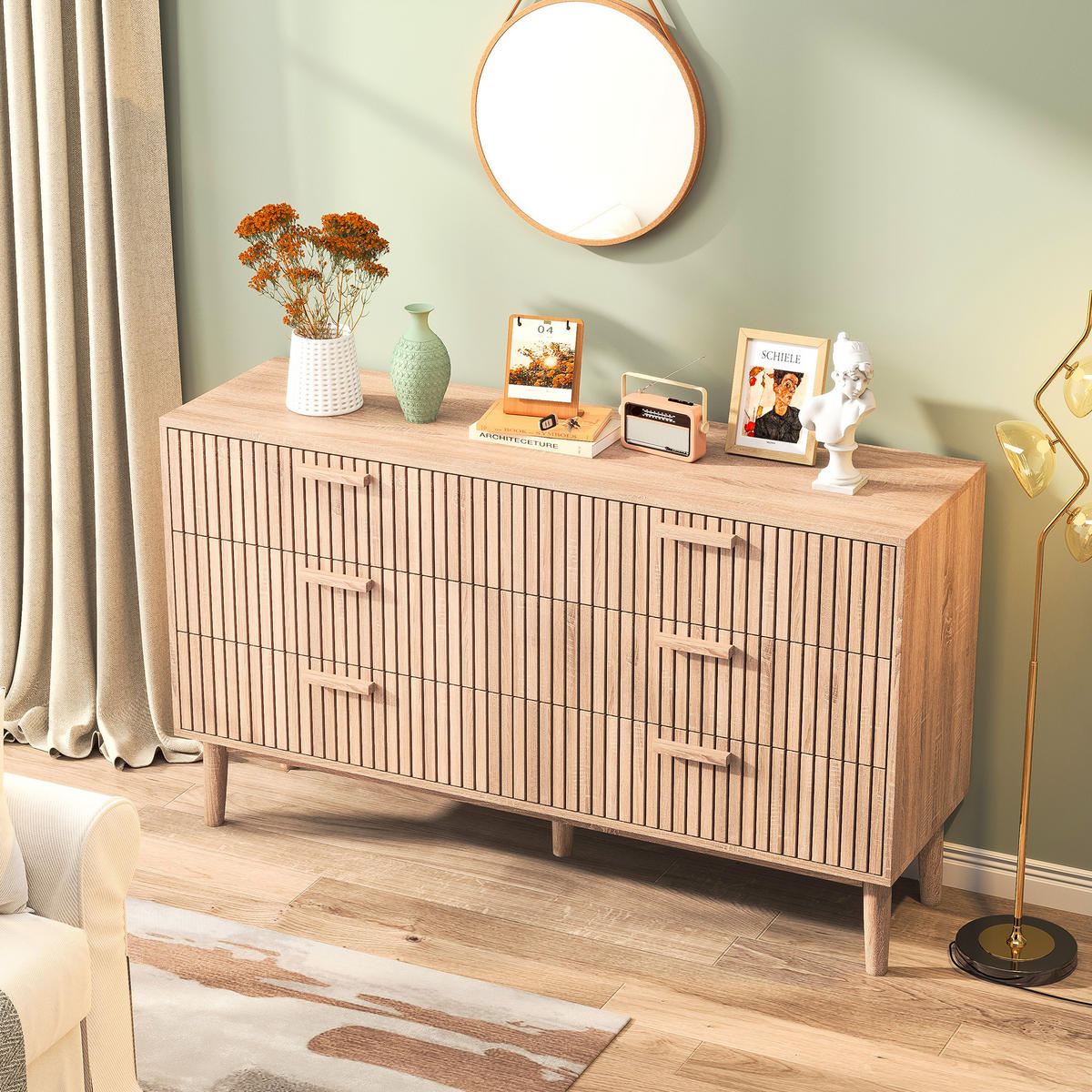 KOMMODE 100x34x73 cm 6 Schubladen geriffelt Stauraum Holz - Naturfarben, Holz (34/73/100cm) - Fortuna Lai