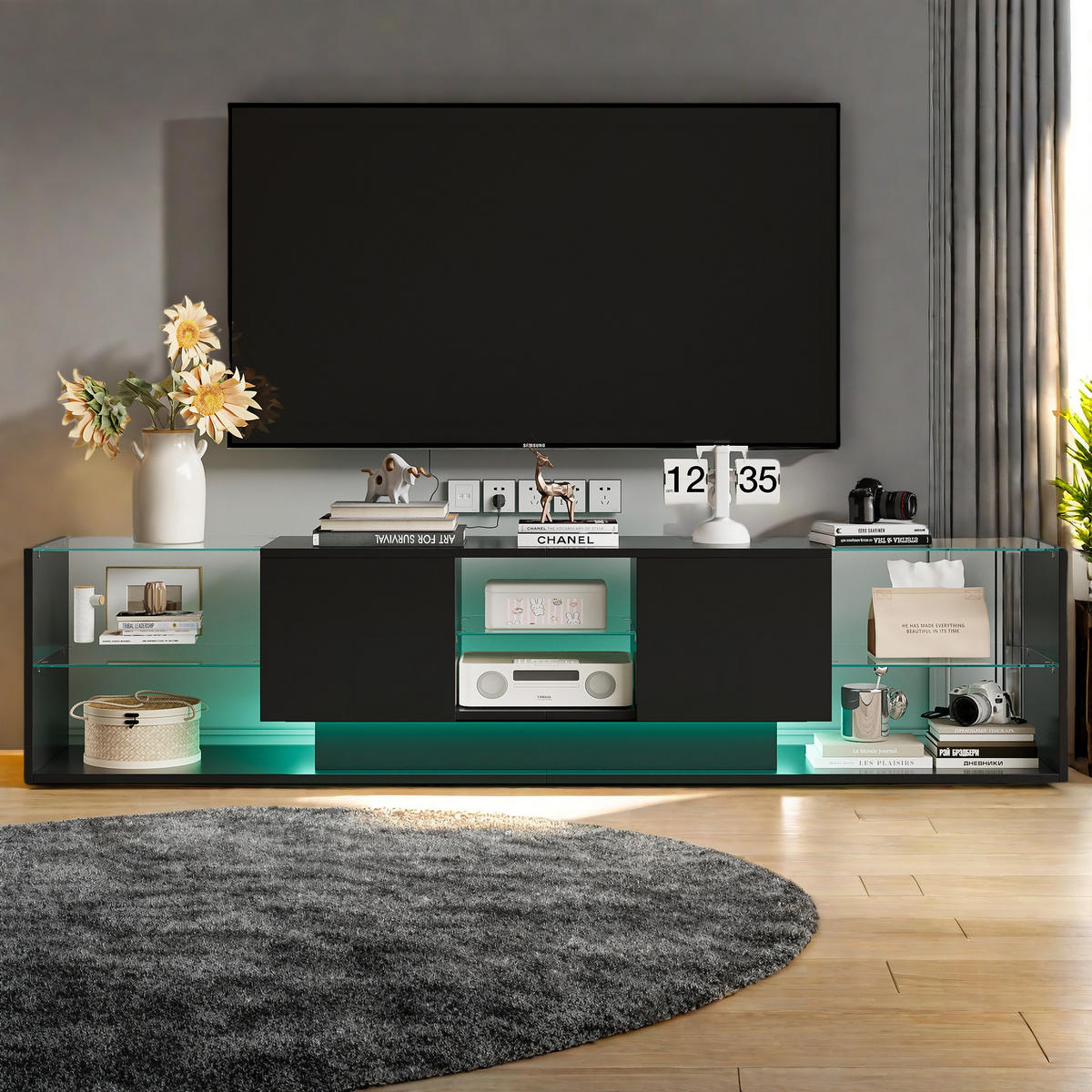 TV-SKÅP, svart högglans, med LED-belysning och glashyllor - Svart, Träbaserade material (35/45/200cm) - SHOPENTRA