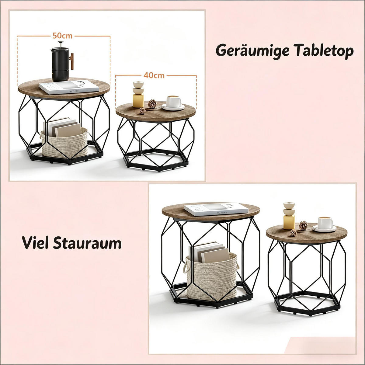 COUCHTISCH 2er-Set Grey Wood 50/50/45 cm - Grau, Metall (50/50/45cm) - PANGIVO