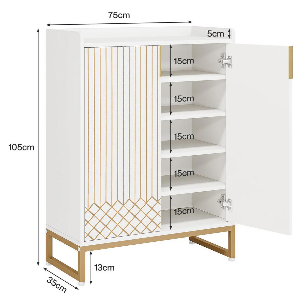 SCHUHSCHRANK 5-stöckig mit 2 Türen Holz/Metall Weiß/Gold - Weiß, Holzwerkstoff (35/105/73cm) - Beauniv
