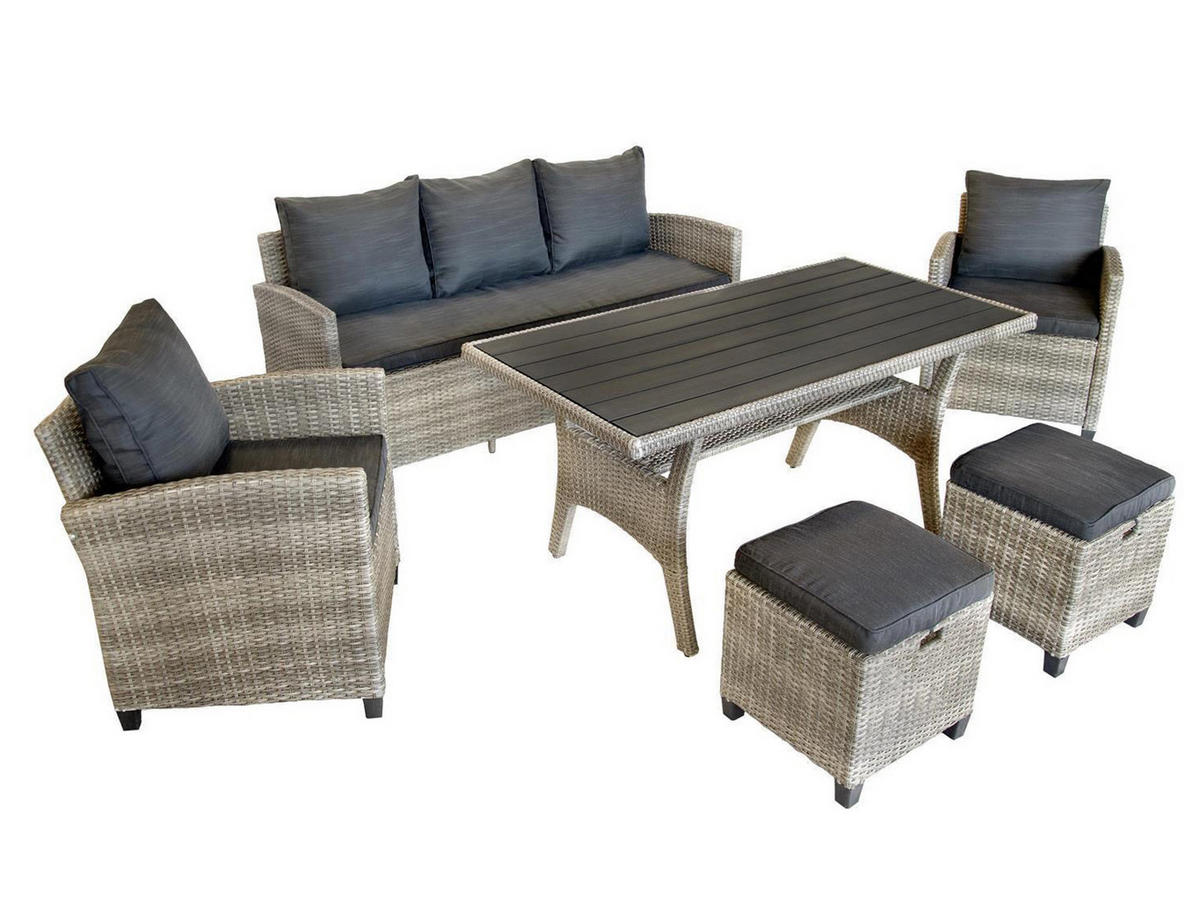 GARTEN-ESSGRUPPE Madeira II Grau Polyrattan für 7 Personen - Braun, Kunststoff - Green Spirit