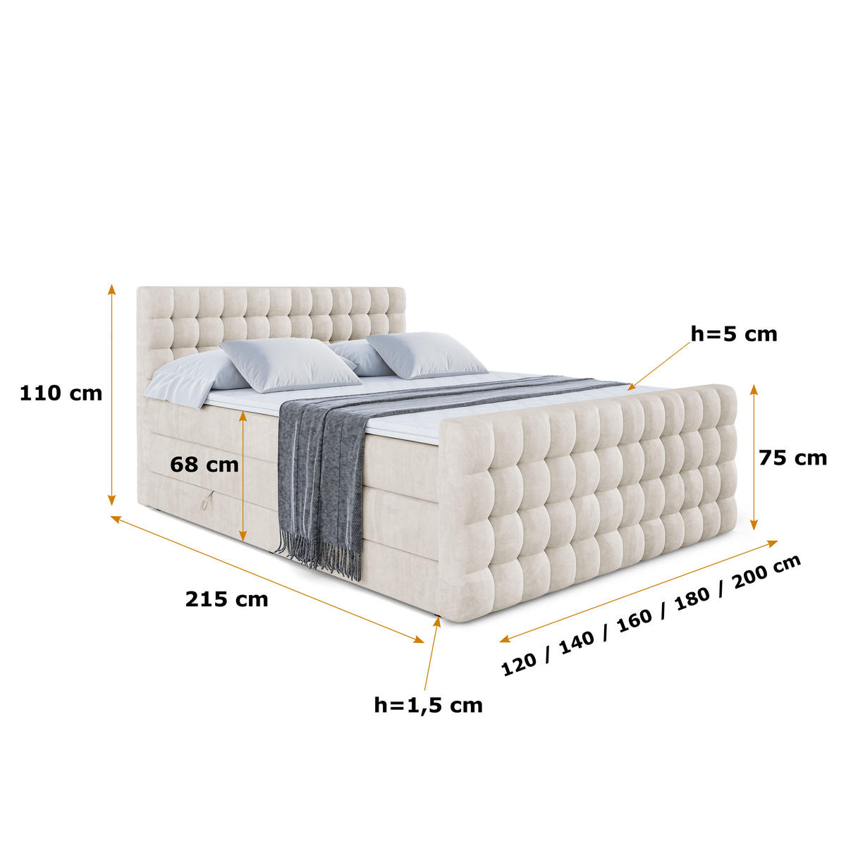 BOXSPRINGBETT VIONE-Z KING - 180 x 200 - H3/H4 - Ecru - Ecru, Holzwerkstoff (180/200cm) - ALTDECOR