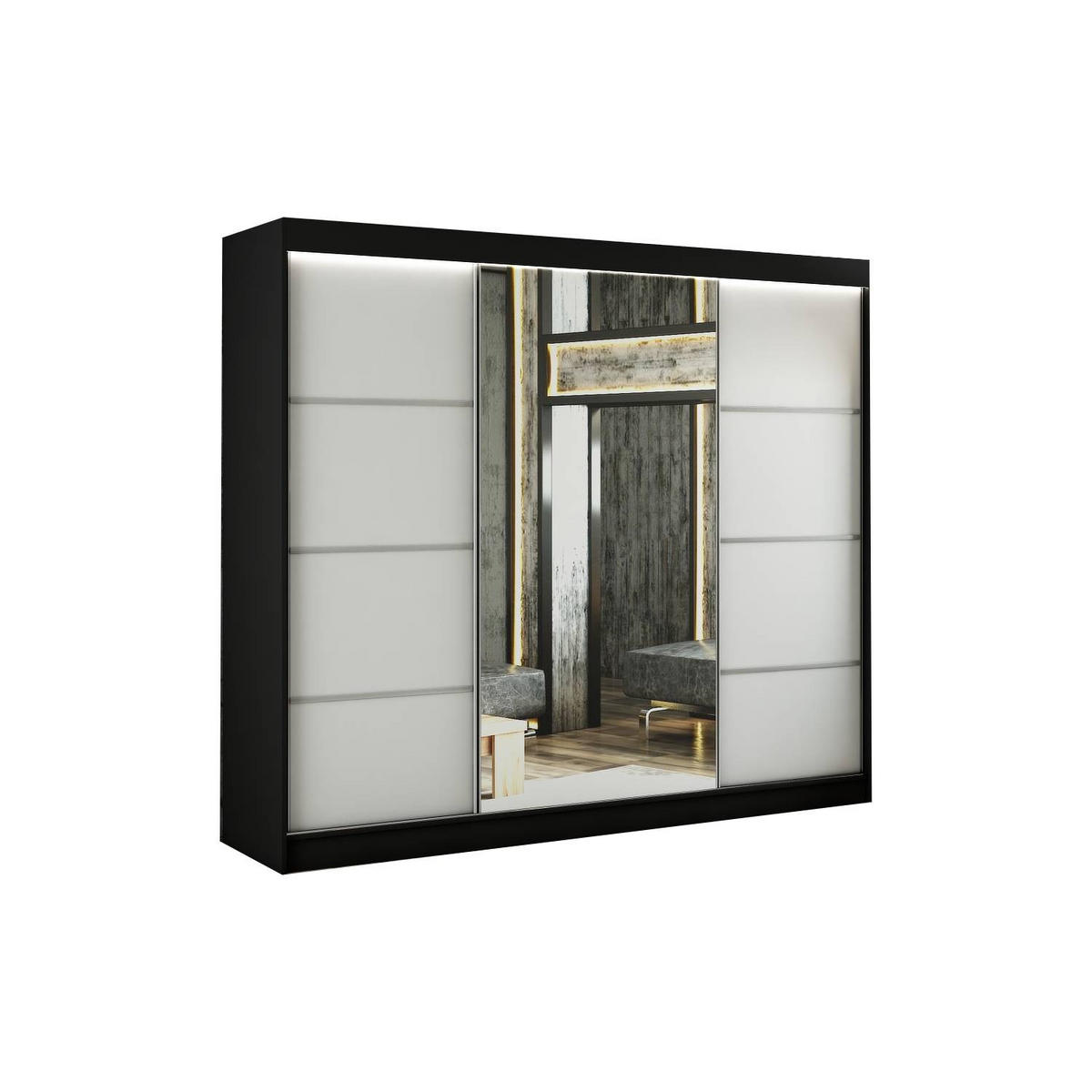 SCHIEBETÜRENSCHRANK RABI - Schwarz/Weiß, Holzwerkstoff (250/215/61cm) - Meblini