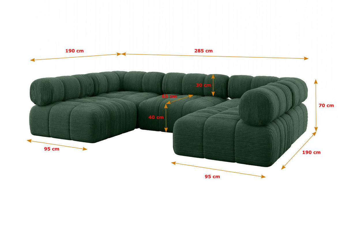 WOHNLANDSCHAFT modulares Sofa Garvo-U1 - 285x190x70 cm Grün Cord - Grün, Holzwerkstoff/Textil (285/70/190cm) - ALTDECOR