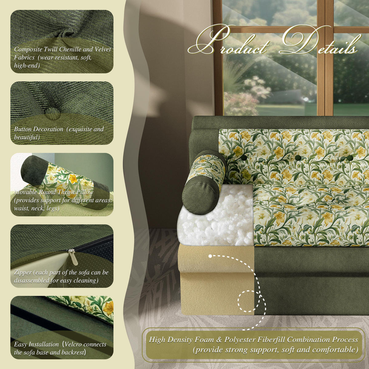 SOFA mit Blumendekor 132x72x48 cm - Grün, Textil (132/72/82cm) - Vercart