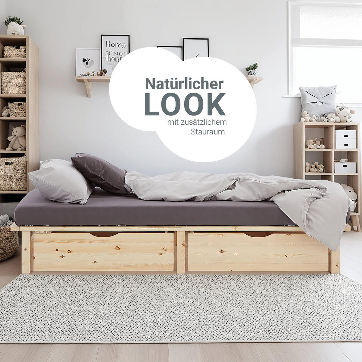 STAURAUMBETT 100/200 cm natur + Lattenrost - Braun, Holz (100/200cm) - Homestyle4u