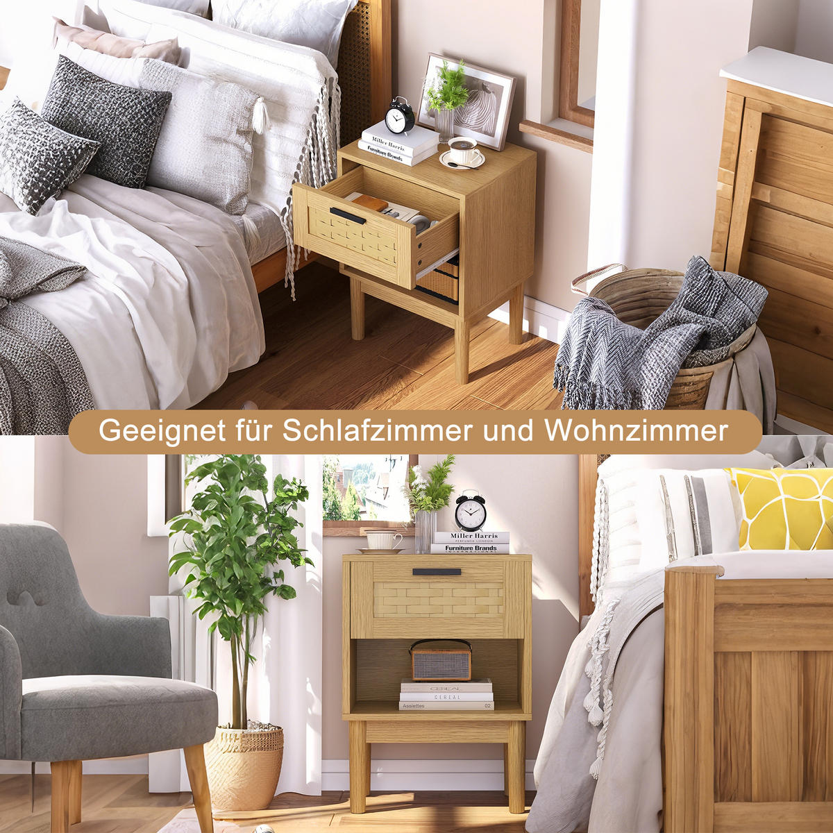 NACHTTISCH 2er Set Holz Rattan Schublade offenes Fach Eiche - Naturfarben, Holz (30/55/40cm) - LEBENLANG