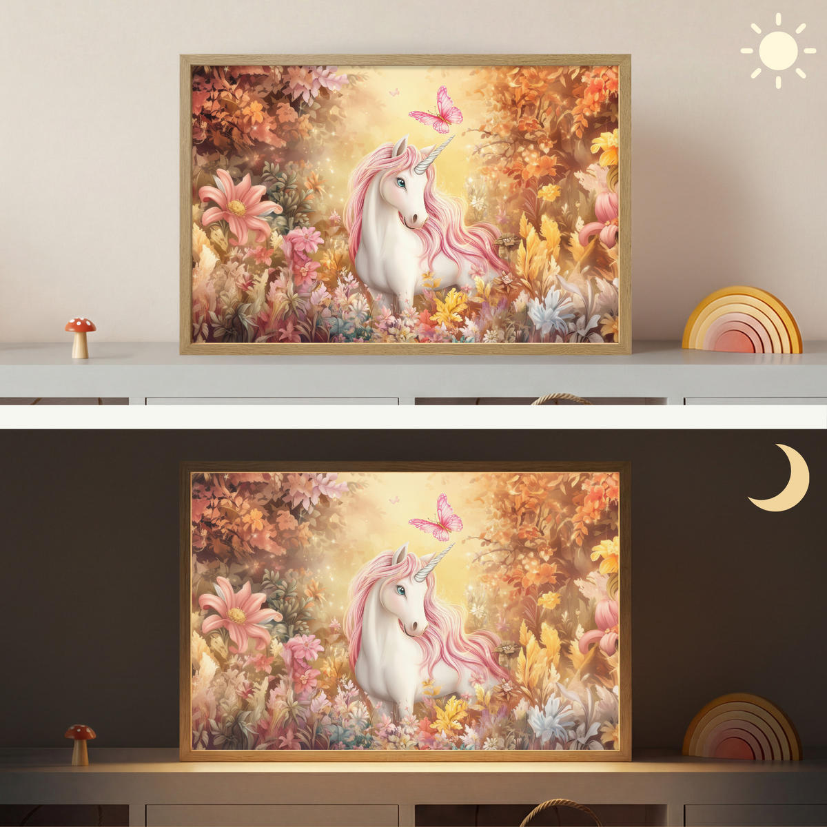 NÁSTĚNNÁ LAMPA S AKUMULÁTOREM Jednorožec - Květiny - Motýl - Růžová 60x40 cm - béžová, kompozitní dřevo (60/40/8cm) - OnlyWow