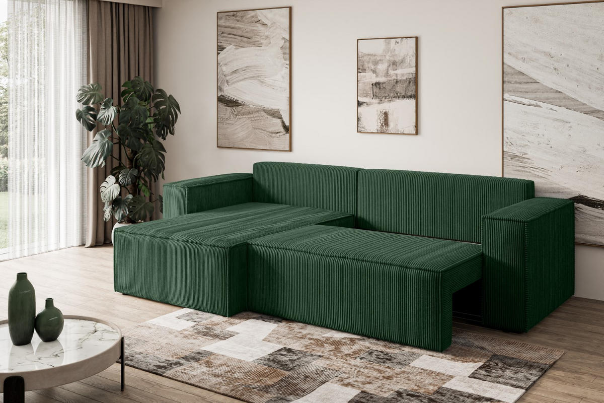 ECKSOFA mit Schlaffunktion und Bettkasten CELTIC-XL - 277x143x83 cm Grün Cord - Schwarz/Grün, Holzwerkstoff/Kunststoff (277/143cm) - ALTDECOR